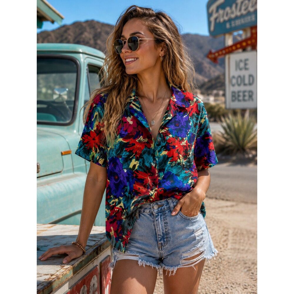 Vintage Hill Archer Tropical Floral Button Front Blouse Women's Medium